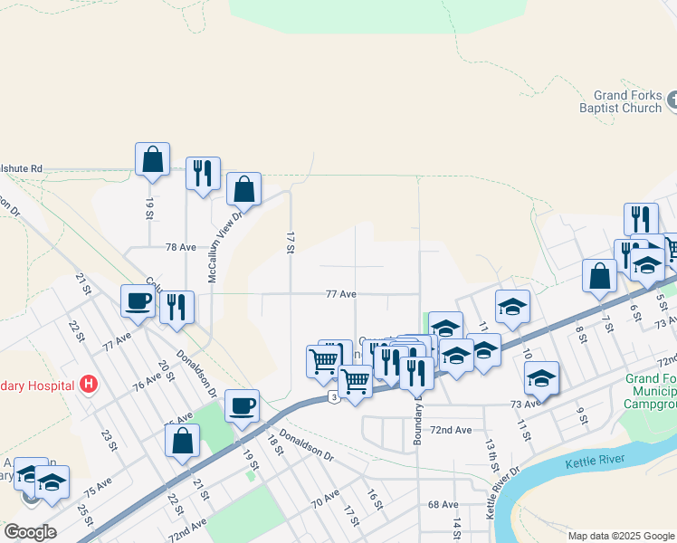 map of restaurants, bars, coffee shops, grocery stores, and more near 1626 Lansdowne Crescent in Grand Forks