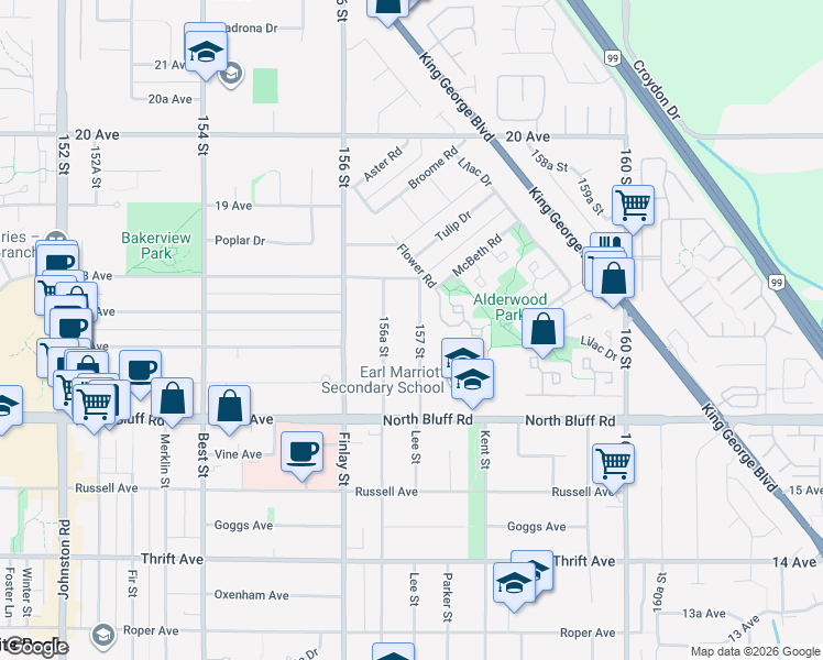 map of restaurants, bars, coffee shops, grocery stores, and more near 1729 157 Street in Surrey