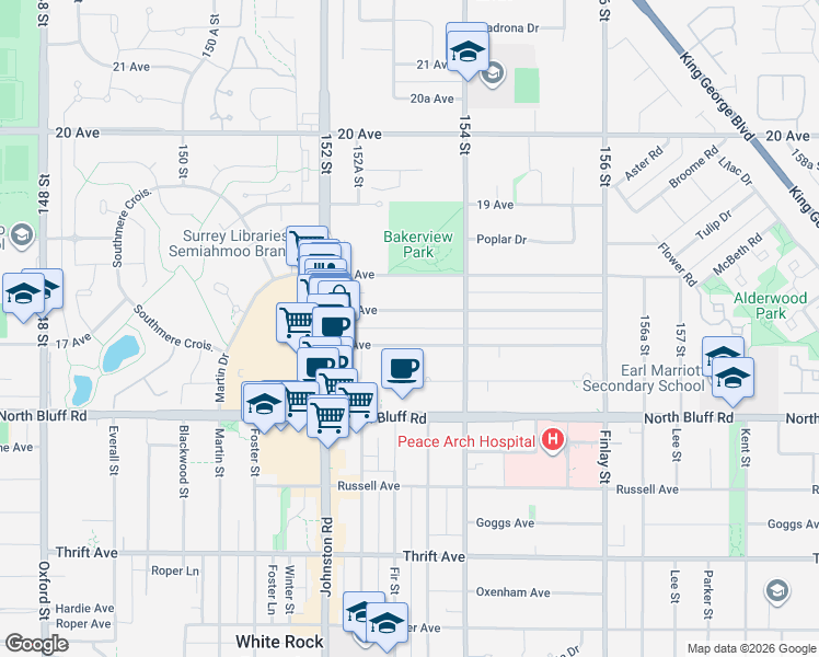 map of restaurants, bars, coffee shops, grocery stores, and more near 15305 17 Avenue in Surrey