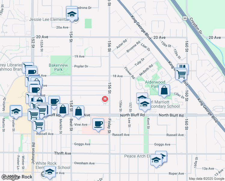 map of restaurants, bars, coffee shops, grocery stores, and more near 1728 156 Street in Surrey