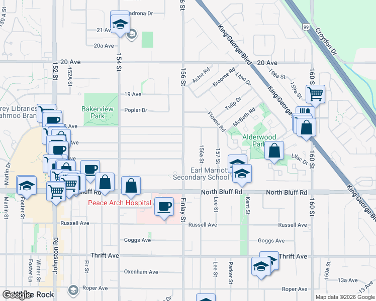 map of restaurants, bars, coffee shops, grocery stores, and more near 1728 156 Street in Surrey