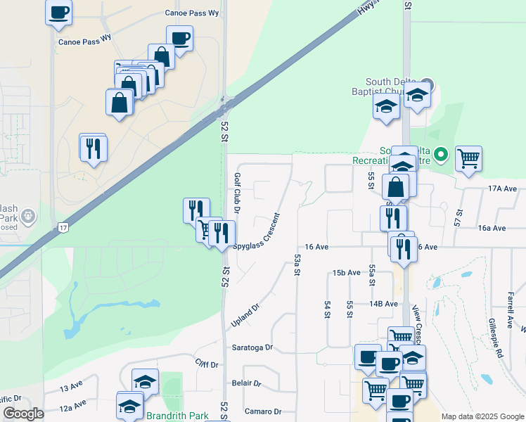 map of restaurants, bars, coffee shops, grocery stores, and more near 5295 Saint Andrews Place in Delta