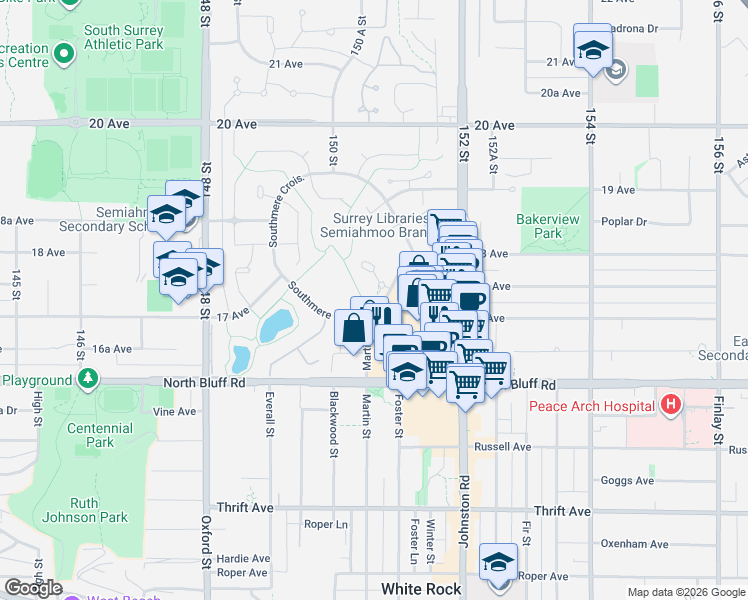 map of restaurants, bars, coffee shops, grocery stores, and more near in Surrey