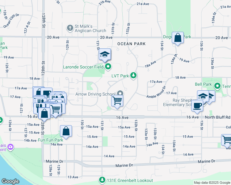 map of restaurants, bars, coffee shops, grocery stores, and more near 13197 Amble Greene Close in Surrey