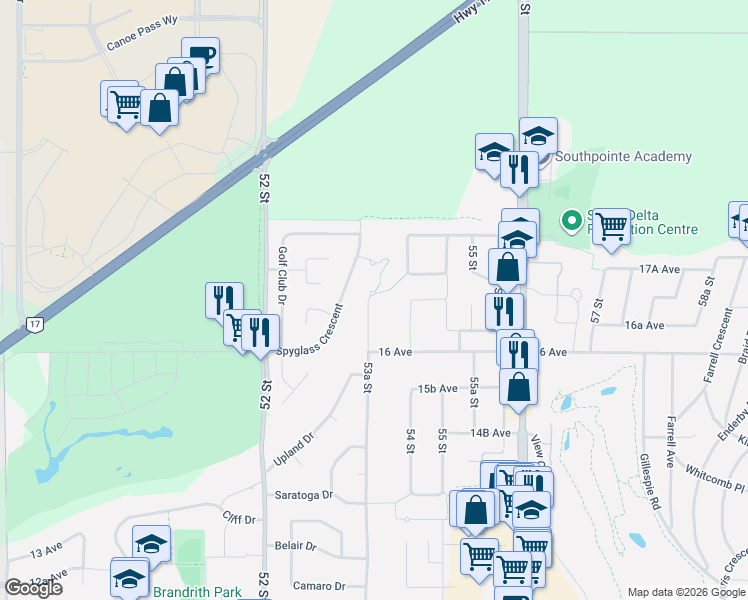 map of restaurants, bars, coffee shops, grocery stores, and more near 1680 53A Street in Delta