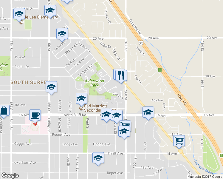map of restaurants, bars, coffee shops, grocery stores, and more near 1756 Lilac Drive in Surrey