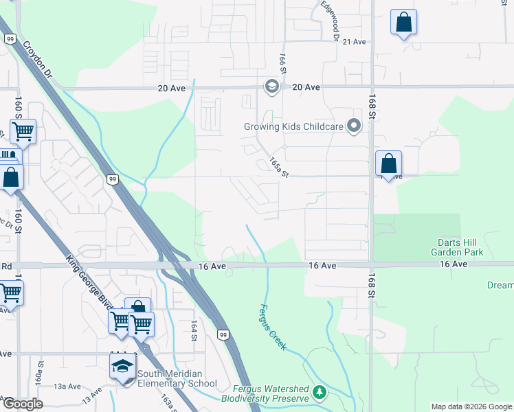 map of restaurants, bars, coffee shops, grocery stores, and more near 16561 17A Avenue in Surrey