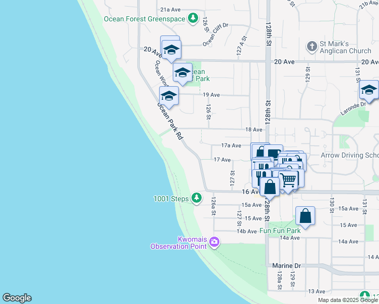 map of restaurants, bars, coffee shops, grocery stores, and more near 1721 Ocean Park Road in Surrey