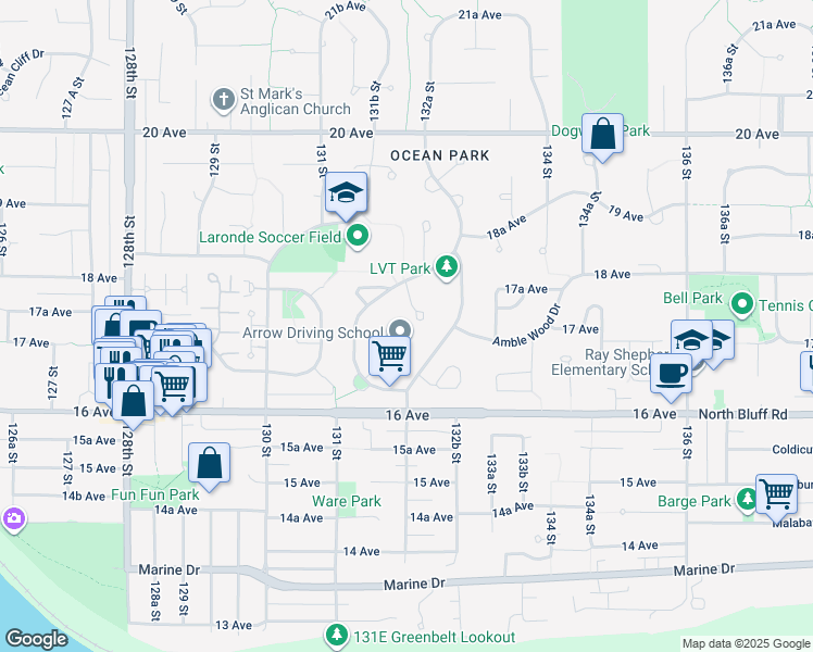 map of restaurants, bars, coffee shops, grocery stores, and more near 13247 17A Avenue in Surrey