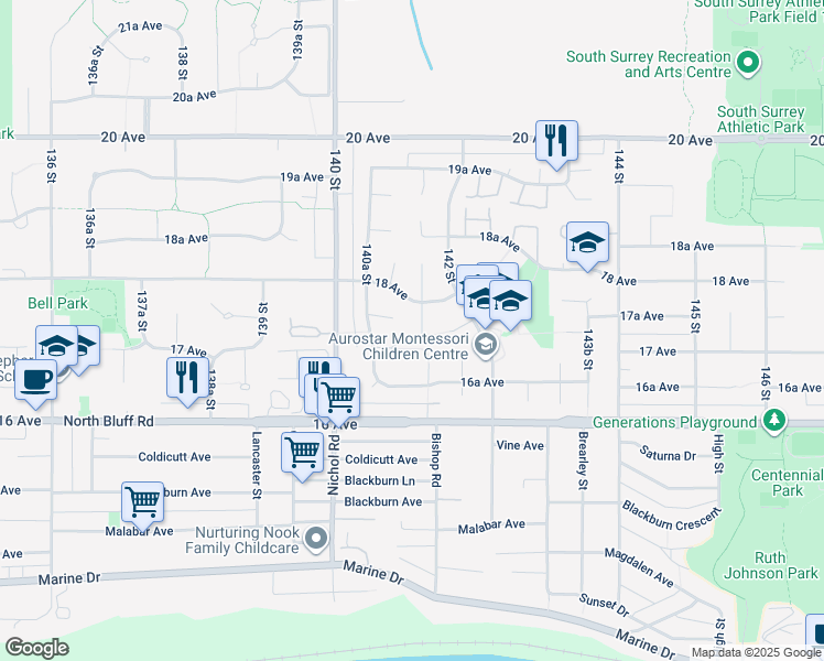 map of restaurants, bars, coffee shops, grocery stores, and more near 1735 141A Street in Surrey