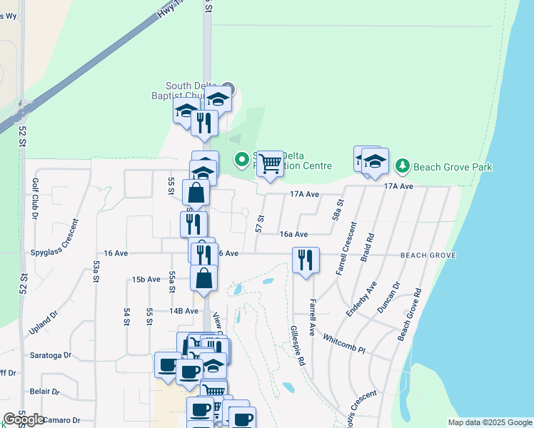 map of restaurants, bars, coffee shops, grocery stores, and more near 1689 57b Street in Delta