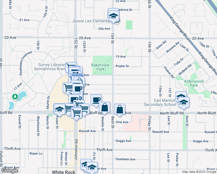 map of restaurants, bars, coffee shops, grocery stores, and more near 15368 17A Avenue in Surrey