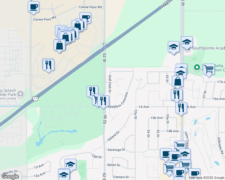 map of restaurants, bars, coffee shops, grocery stores, and more near 1658 Golf Club Drive in Delta