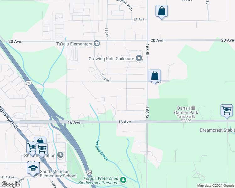 map of restaurants, bars, coffee shops, grocery stores, and more near 1708 166A Street in Surrey