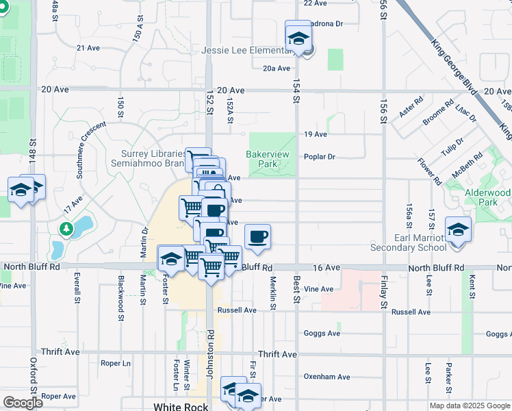map of restaurants, bars, coffee shops, grocery stores, and more near 15310 17A Avenue in Surrey