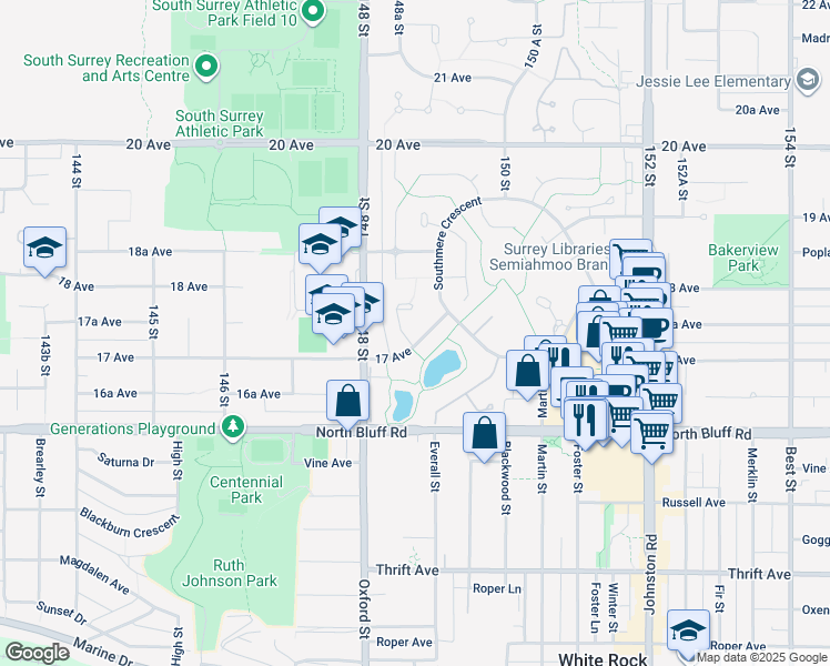map of restaurants, bars, coffee shops, grocery stores, and more near 14857 17 Avenue in Surrey