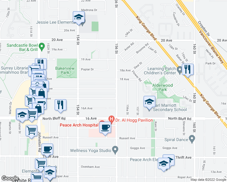 map of restaurants, bars, coffee shops, grocery stores, and more near 16712 17A Avenue in Surrey
