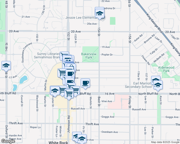 map of restaurants, bars, coffee shops, grocery stores, and more near 15336 17A Avenue in Surrey