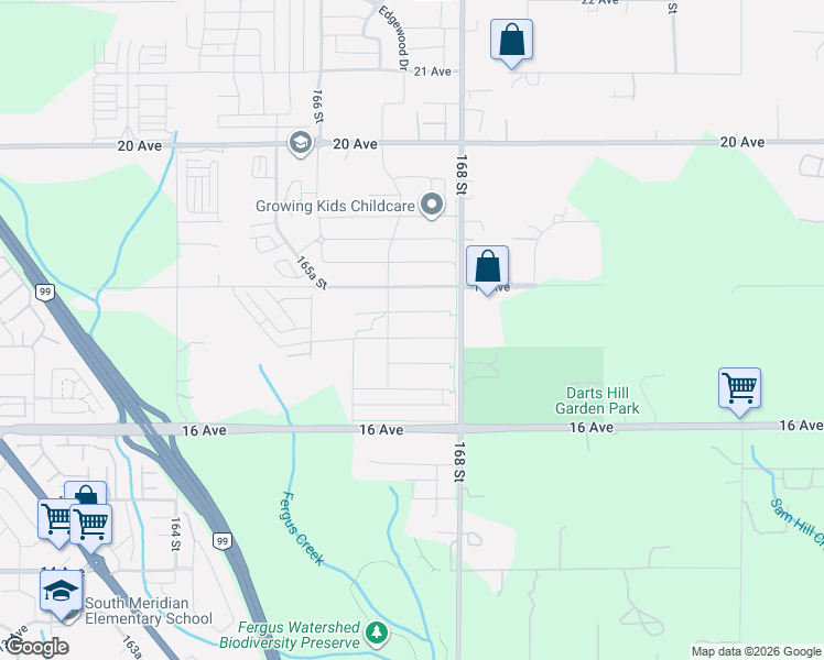 map of restaurants, bars, coffee shops, grocery stores, and more near 16735 17A Avenue in Surrey