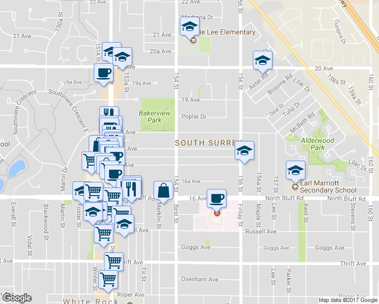map of restaurants, bars, coffee shops, grocery stores, and more near 15448 17A Avenue in Surrey