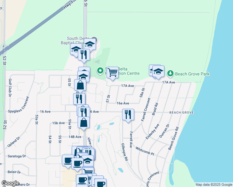 map of restaurants, bars, coffee shops, grocery stores, and more near 1689 57b Street in Delta