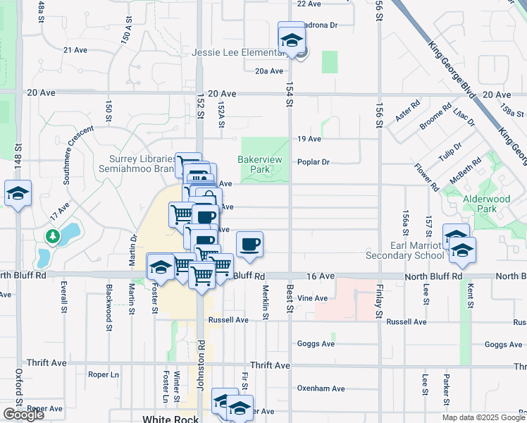 map of restaurants, bars, coffee shops, grocery stores, and more near 15336 17A Avenue in Surrey