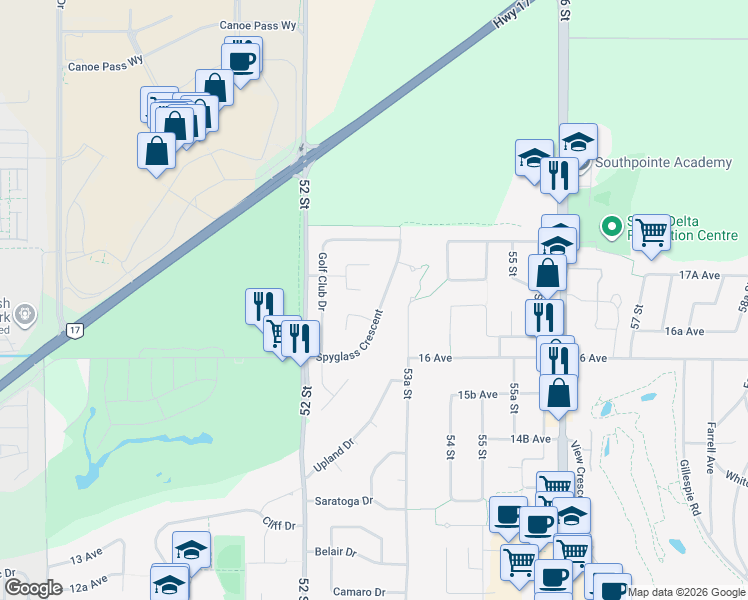 map of restaurants, bars, coffee shops, grocery stores, and more near 1663 Spyglass Crescent in Delta