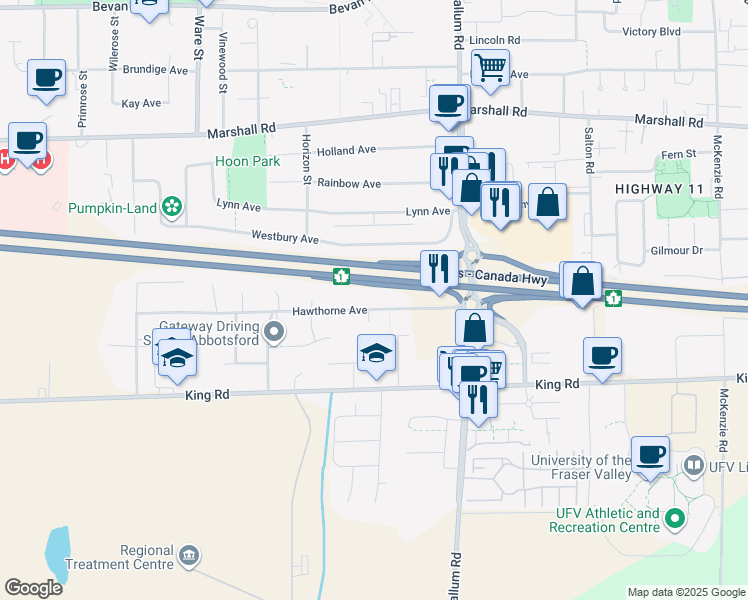 map of restaurants, bars, coffee shops, grocery stores, and more near 33465 Hawthorne Avenue in Abbotsford