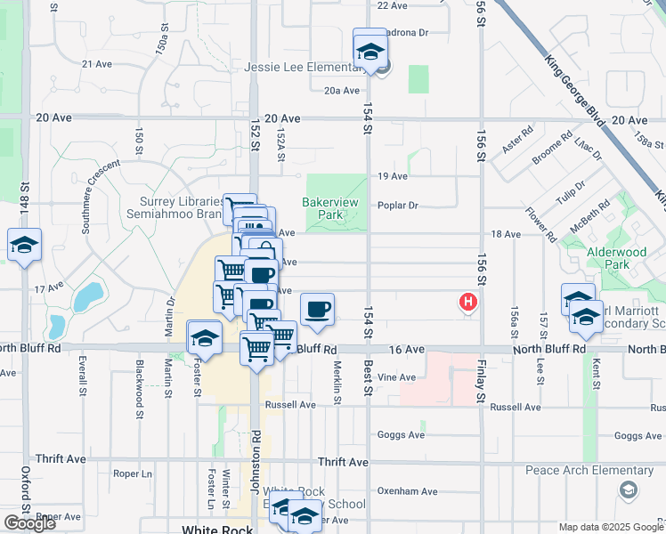 map of restaurants, bars, coffee shops, grocery stores, and more near 15336 17A Avenue in Surrey