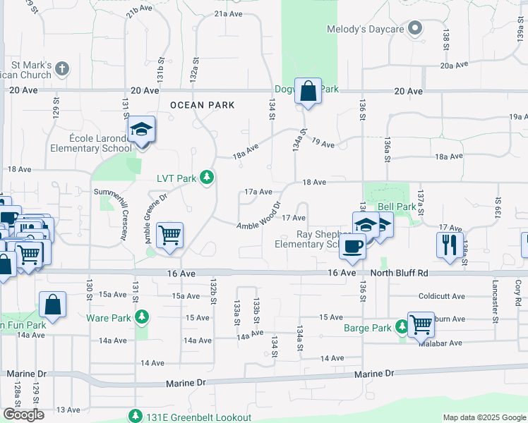 map of restaurants, bars, coffee shops, grocery stores, and more near 13395 Amble Wood Drive in Surrey