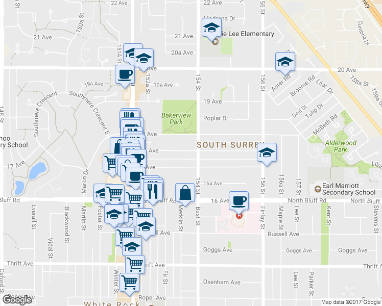 map of restaurants, bars, coffee shops, grocery stores, and more near in Surrey