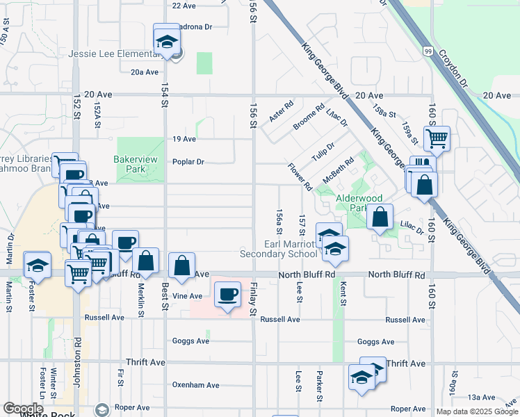 map of restaurants, bars, coffee shops, grocery stores, and more near 1746 156 Street in Surrey