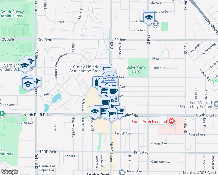 map of restaurants, bars, coffee shops, grocery stores, and more near 1767 152 Street in Surrey
