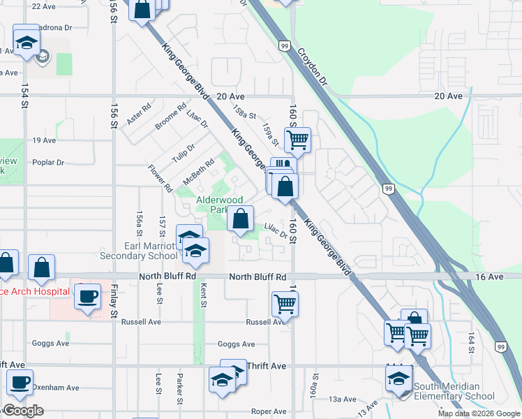 map of restaurants, bars, coffee shops, grocery stores, and more near 1756 Lilac Drive in Surrey
