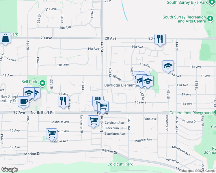 map of restaurants, bars, coffee shops, grocery stores, and more near 1761 140A Street in Surrey