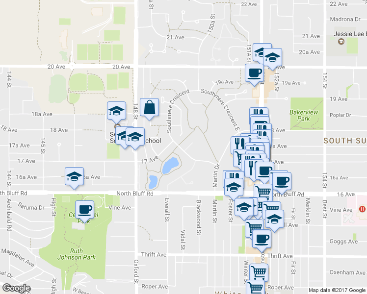 map of restaurants, bars, coffee shops, grocery stores, and more near in Surrey