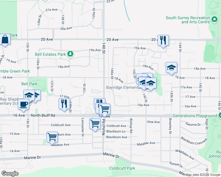 map of restaurants, bars, coffee shops, grocery stores, and more near 1761 140A Street in Surrey