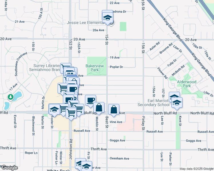 map of restaurants, bars, coffee shops, grocery stores, and more near 17A Avenue in Surrey