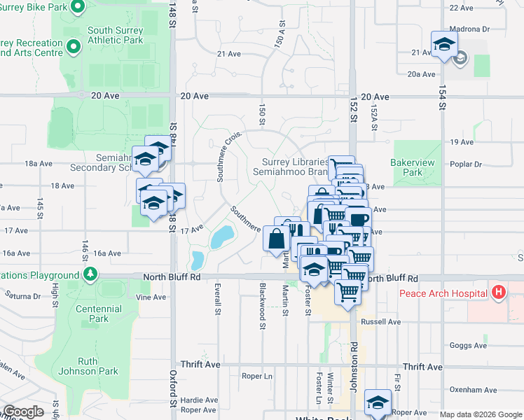 map of restaurants, bars, coffee shops, grocery stores, and more near in Surrey