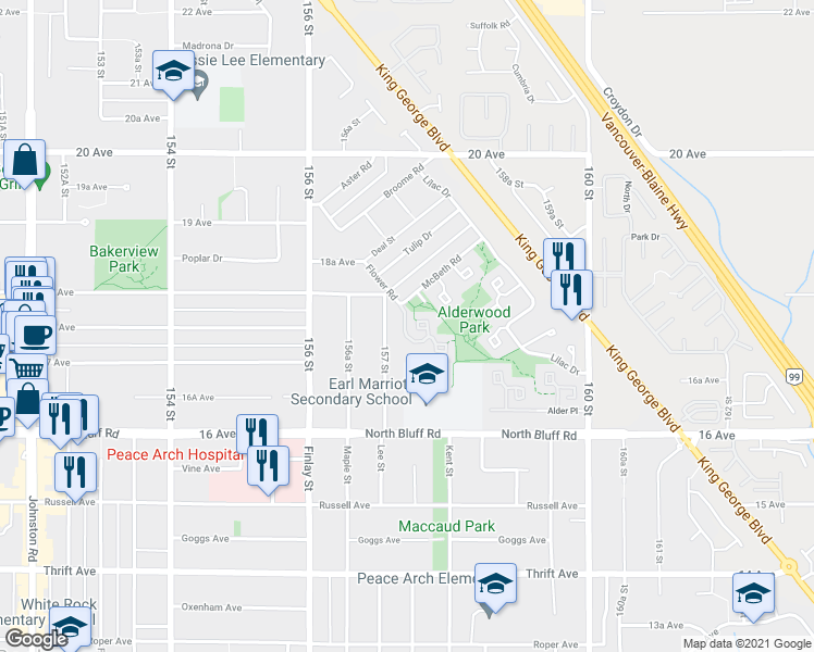 map of restaurants, bars, coffee shops, grocery stores, and more near 15784 McBeth Road in Surrey