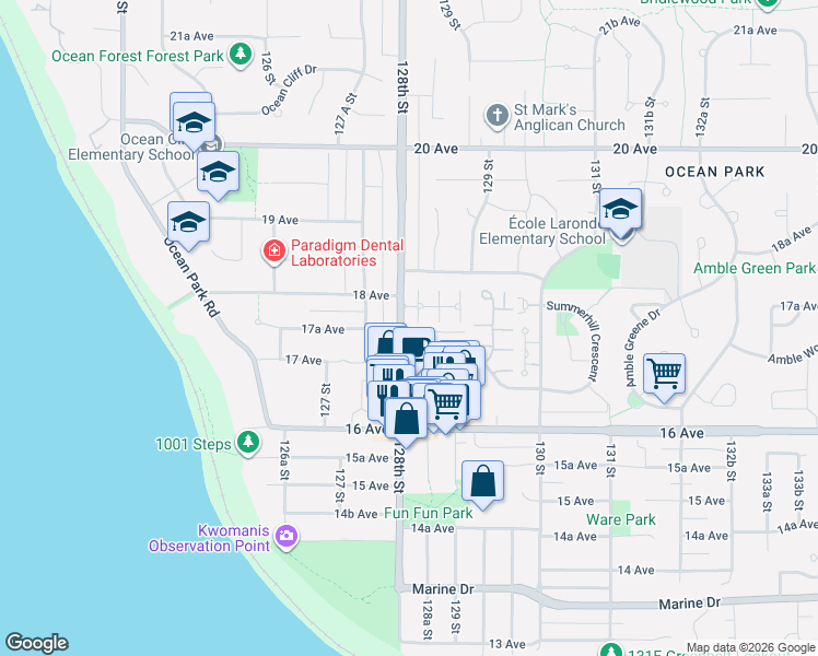 map of restaurants, bars, coffee shops, grocery stores, and more near 1744 128th Street in Surrey