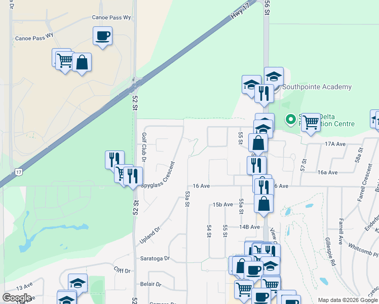map of restaurants, bars, coffee shops, grocery stores, and more near 1698 53A Street in Delta