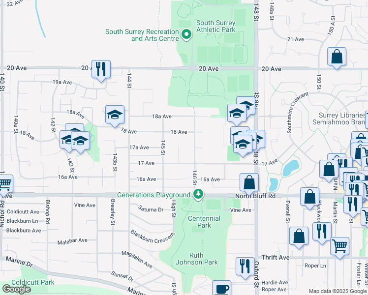 map of restaurants, bars, coffee shops, grocery stores, and more near 1752 145A Street in Surrey
