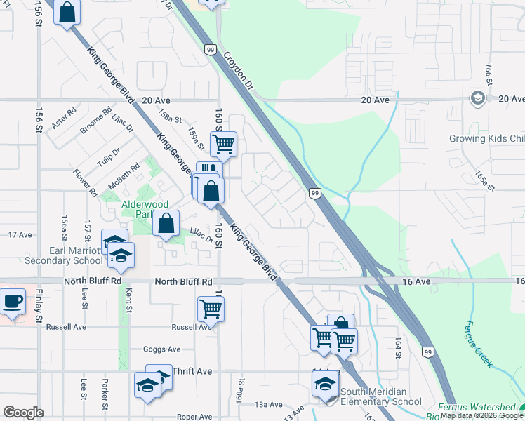 map of restaurants, bars, coffee shops, grocery stores, and more near 1840 160 Street in Surrey