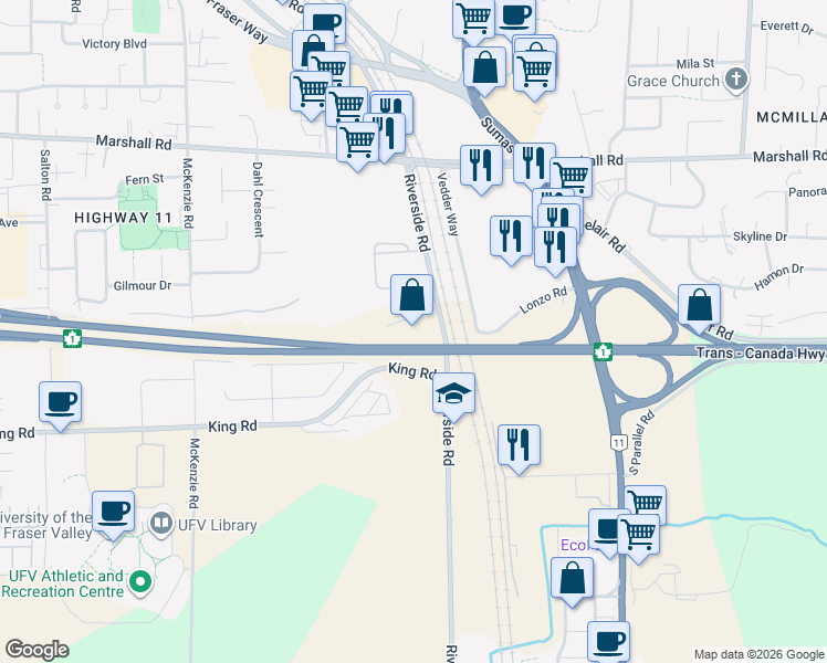 map of restaurants, bars, coffee shops, grocery stores, and more near 34334 Forrest Terrace in Abbotsford