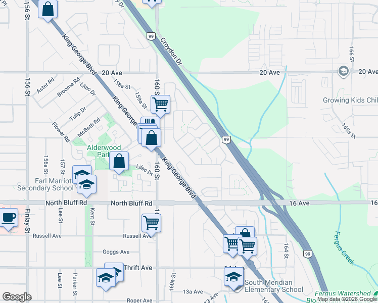 map of restaurants, bars, coffee shops, grocery stores, and more near in Surrey
