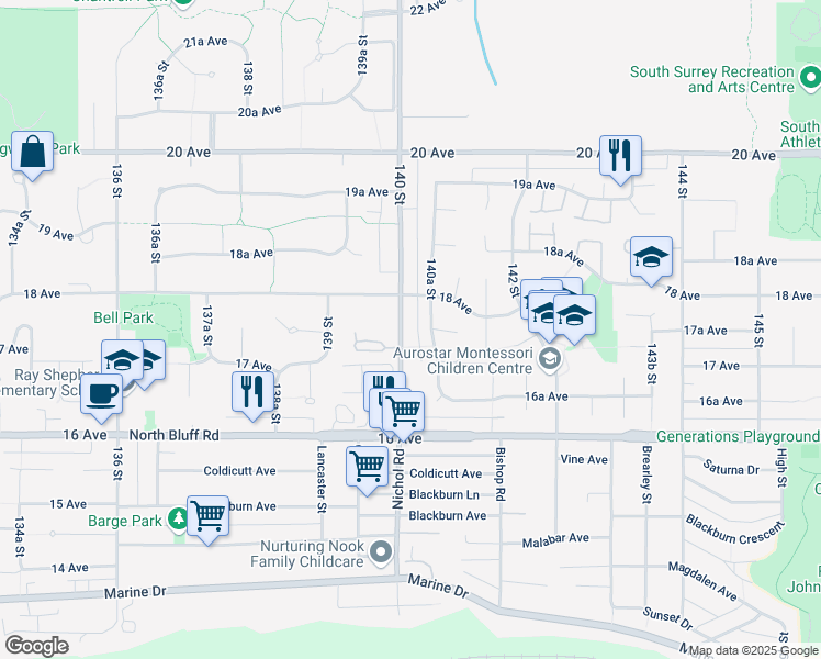 map of restaurants, bars, coffee shops, grocery stores, and more near 1746 140 Street in Surrey