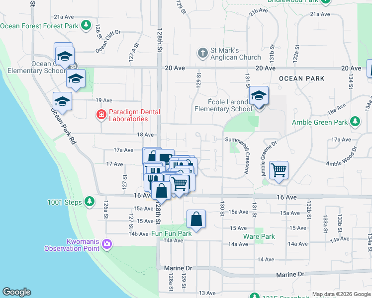 map of restaurants, bars, coffee shops, grocery stores, and more near 1744 128th Street in Surrey