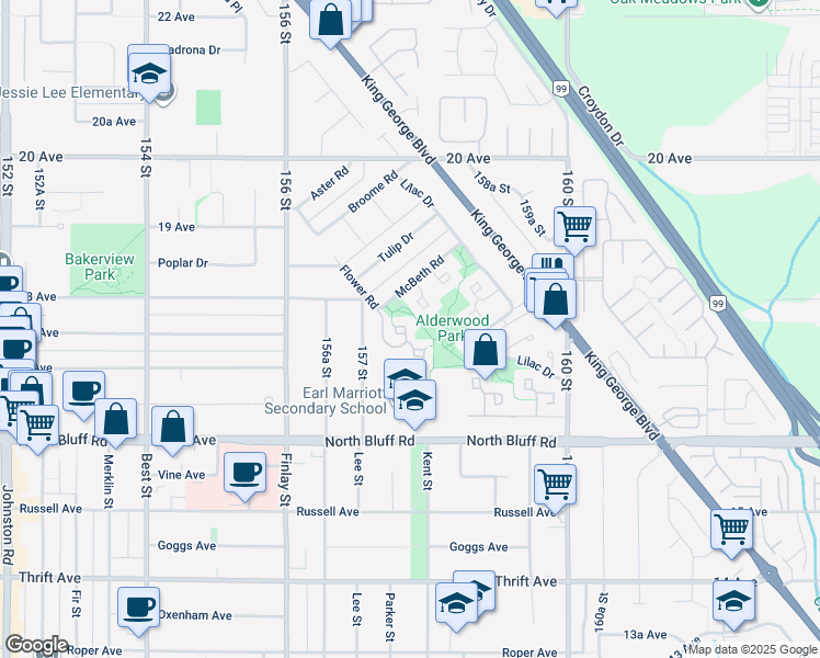 map of restaurants, bars, coffee shops, grocery stores, and more near 15804 McBeth Road in Surrey