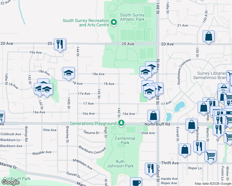 map of restaurants, bars, coffee shops, grocery stores, and more near 1753 146 Street in Surrey